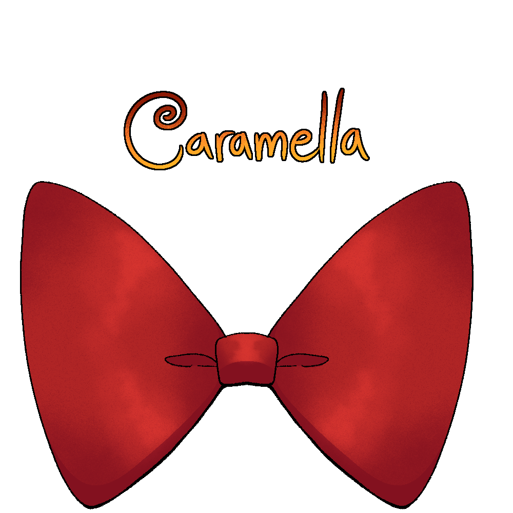 Clickable link to the page on Caramella. It is shaped like her red, oversized bowtie.